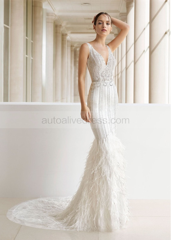 Heavily Beaded Ivory Lace Feathers Wedding Dress